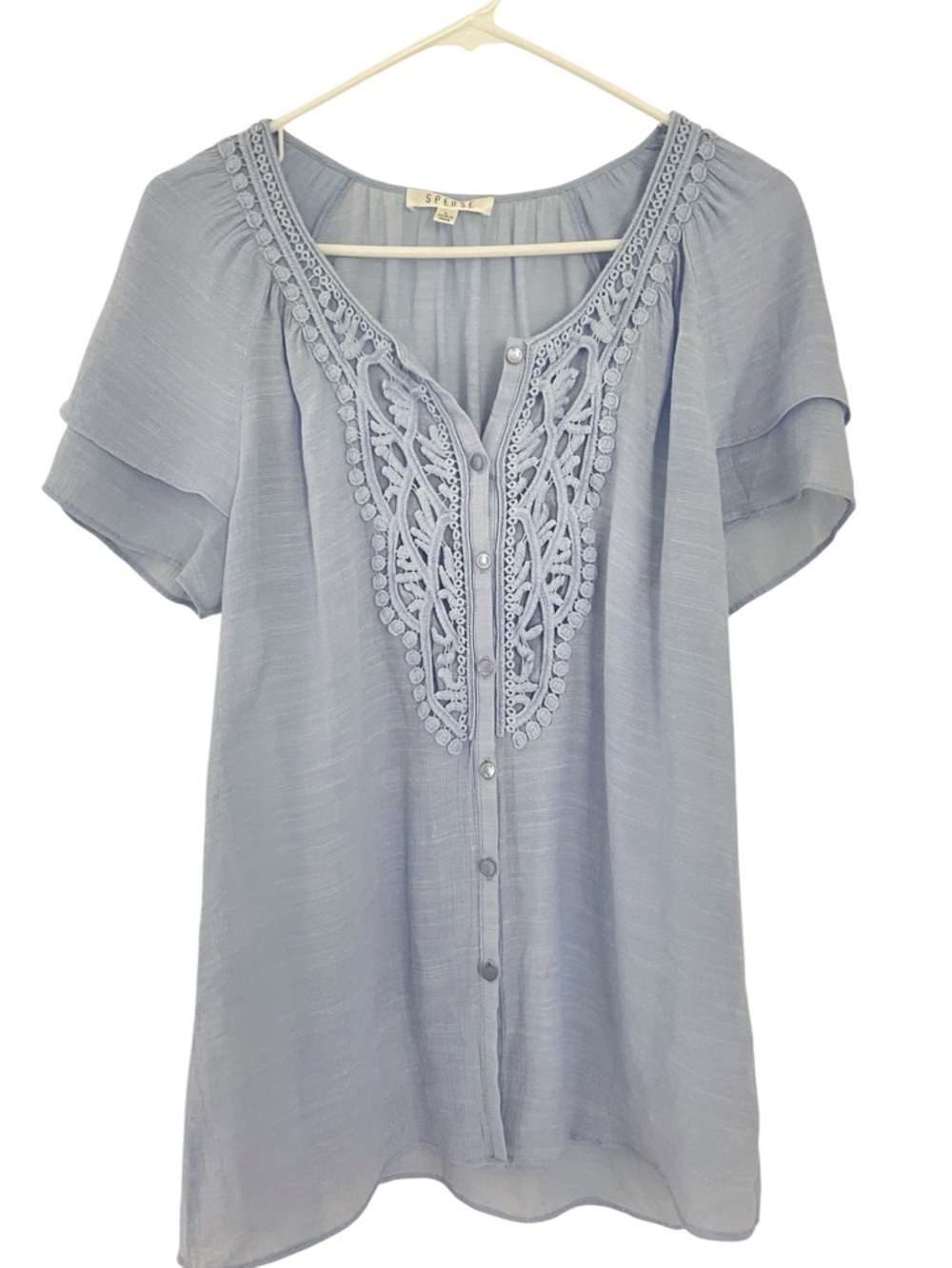 Spense Light Blue Crochet-Trim Button Front Blouse size large
